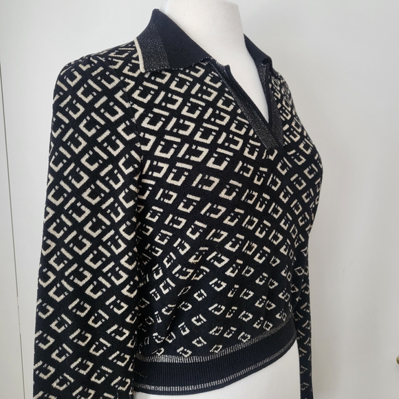 Diane von Furstenberg Duffy Collared V Neck Sweater Black Metallic Geometric Sm - Picture 2 of 12
